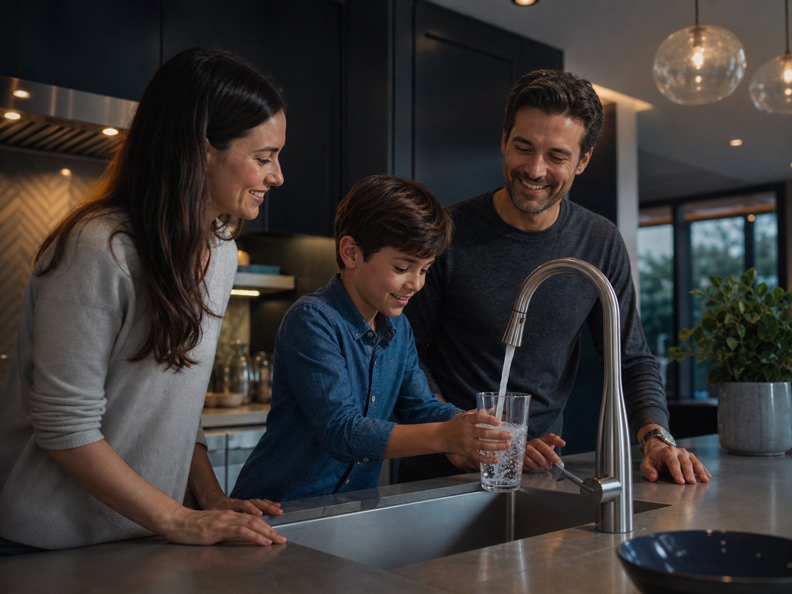 Family enjoying clean filtered water in kitchen