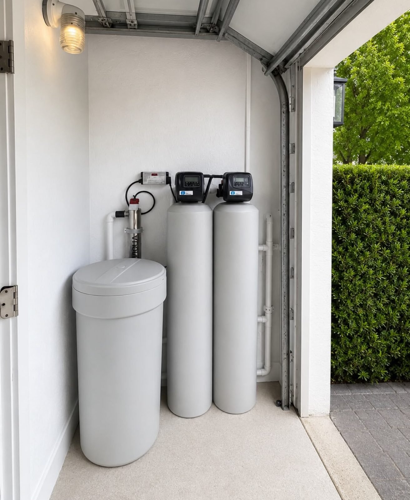 Water softener and filtration system installed in a garage