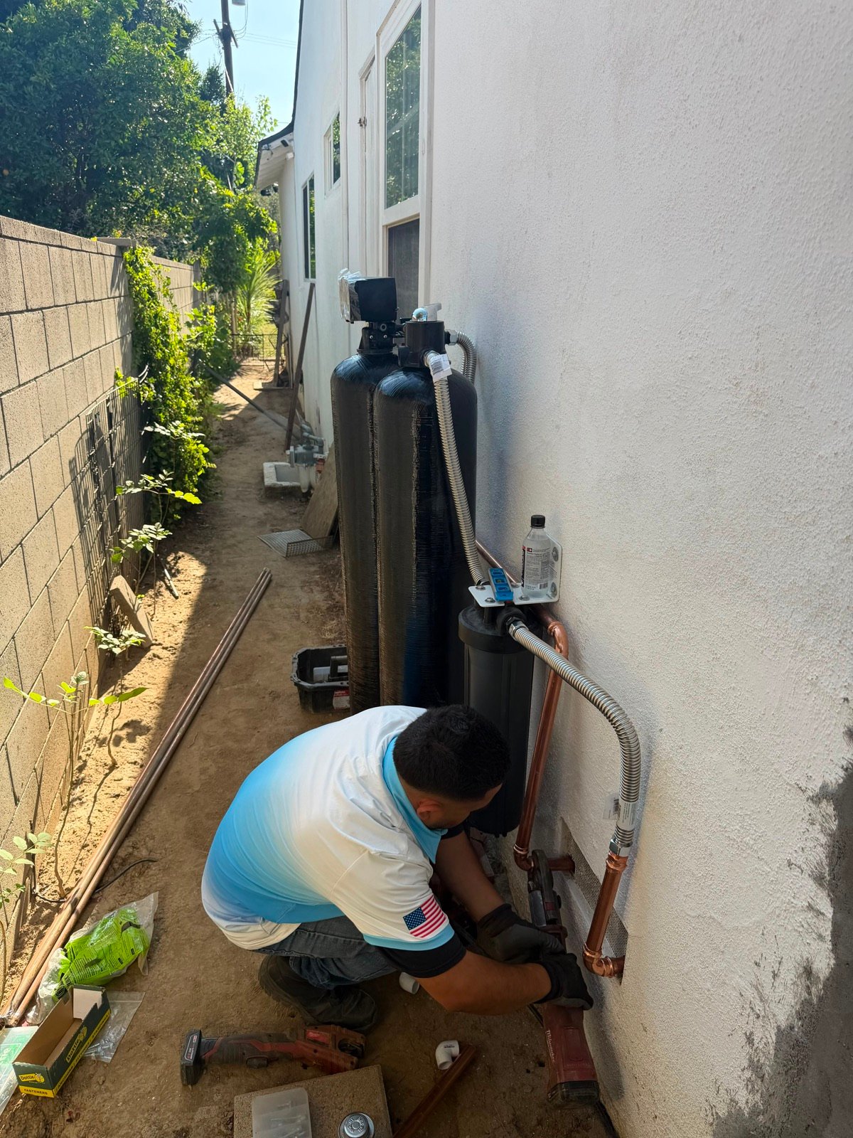 Side-yard main line filtration installation with copper piping
