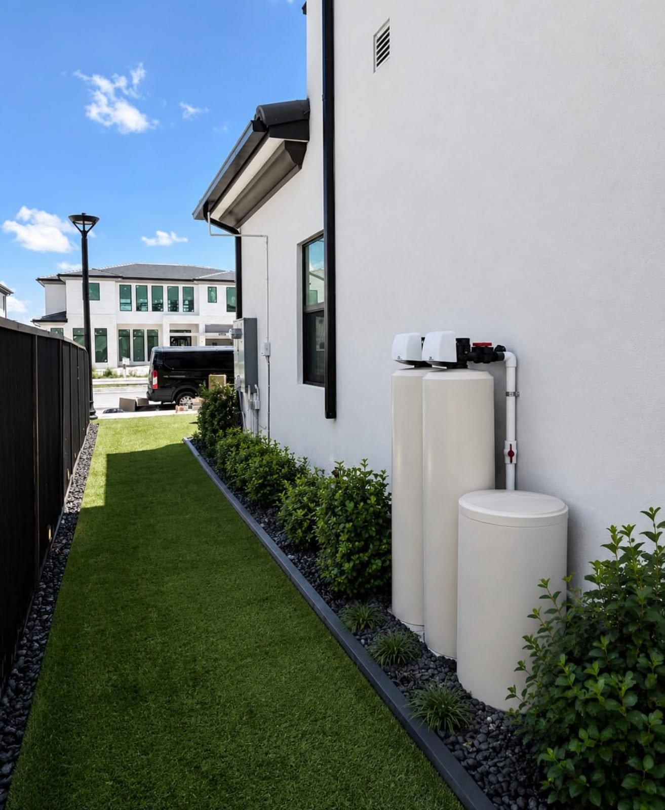 Whole-home water filtration system installed along a modern home side yard